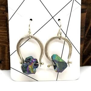 Vtg Titanium Aura Stone Handmade drop Earrings Jewelry Rainbow Unique rough cut